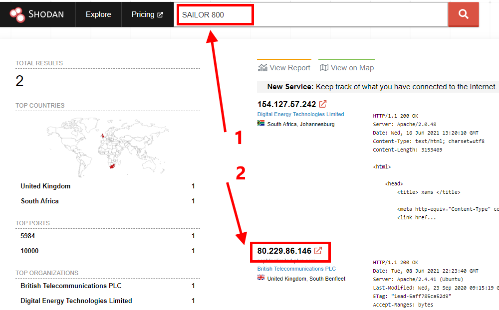 Snapshot of shodan search result for product name and series of satellite communication systems