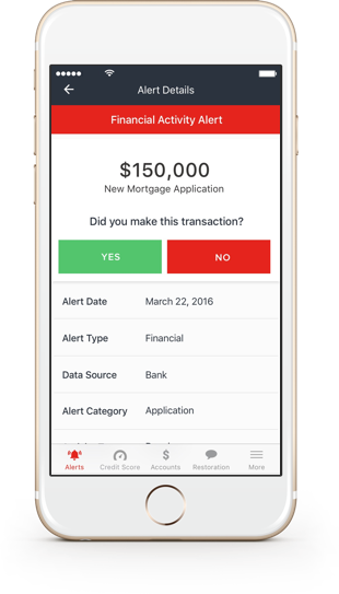 A sample alert from LifeLock on the phone regarding a mortgage application