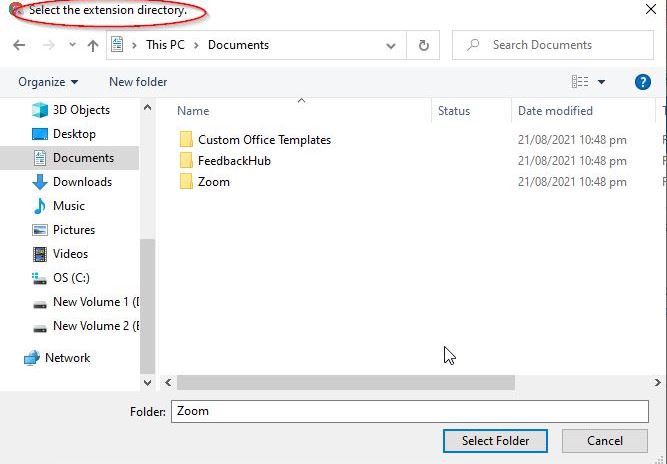 Select the extension directory