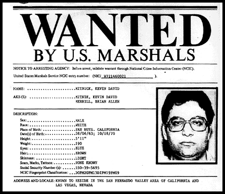 The Wanted notice for one of the earliest computer hackers, Kevin Mitnick