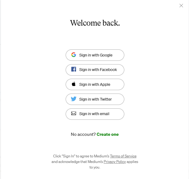 Medium allows users to sign in using different social media platforms services